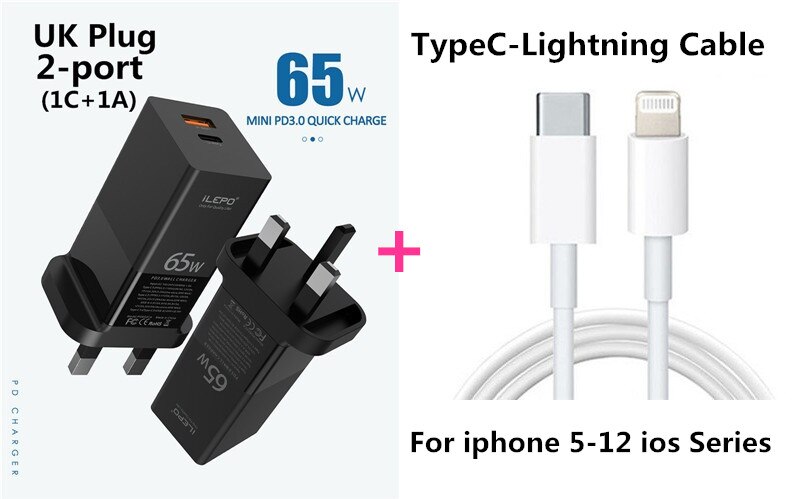 65W GaN USB C PD MagSaf* Power Adapter 2-Ports Fast Smart Mobile Phone Quick Charger For Laptop Macbook iphone Xiaomi Huawei: UK With C-Lightning