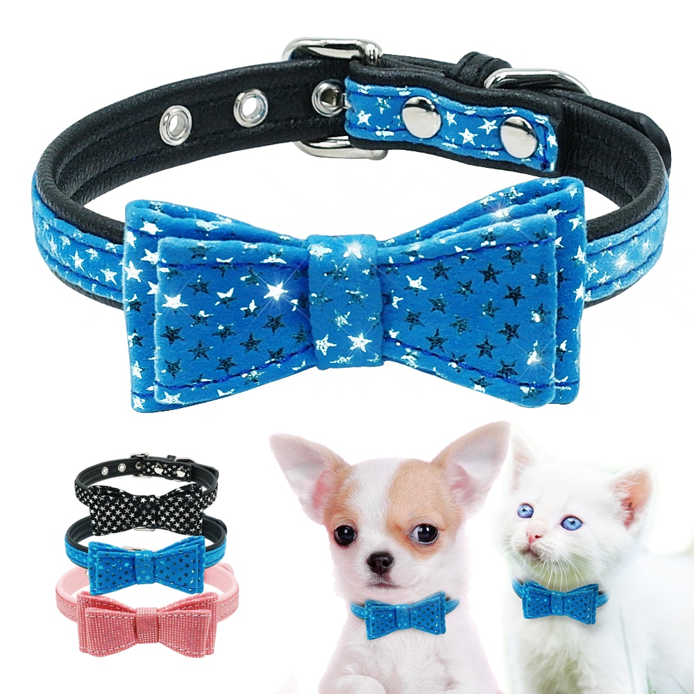 Bowknot Dog Collar Dogs Cat Collars Bow Tie Padded Puppy Collars for Small Pets Cat Kitten Doggy Chihuahua Blue Pink Black