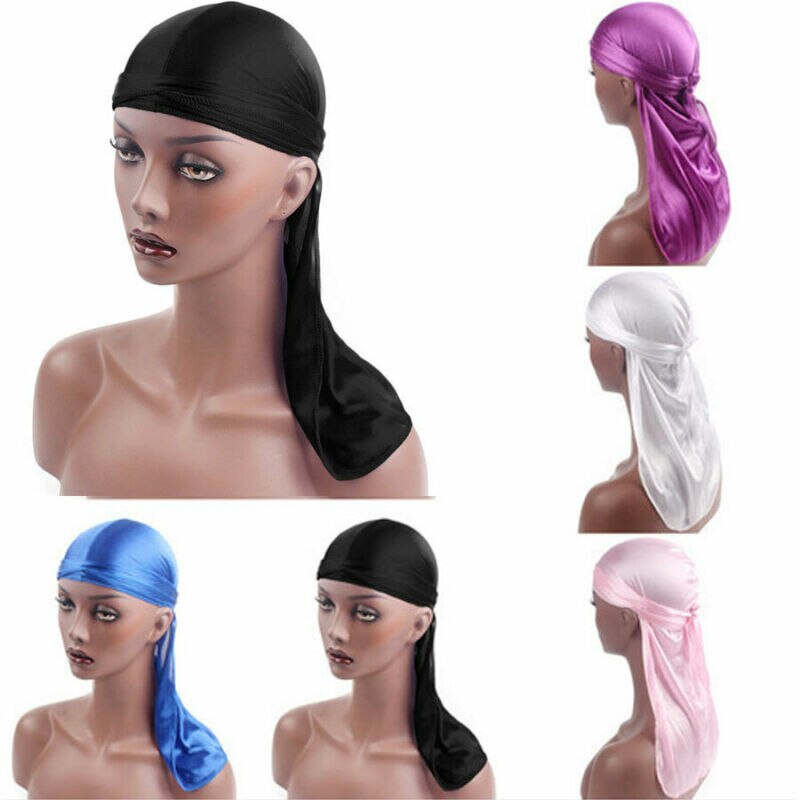 Moda męska satyna Durags barwna chustka turban peruki czapka piracka mężczyźni jedwabisty Durag nakrycia głowy z pałąkiem na głowę