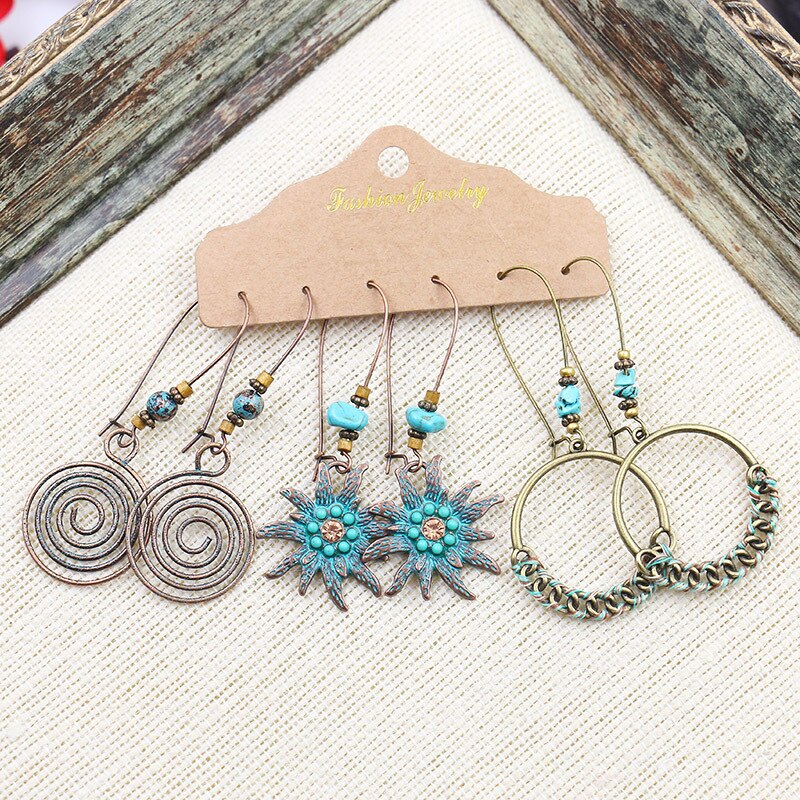 Boho Geometry Round Circle Alloy Earrings for Woman Indian Ethnic Leaf Long Hanging Earrings Set Jewelry Accessories