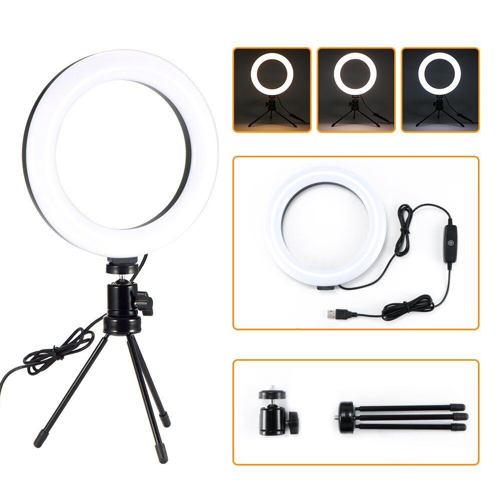 Photography LED Selfie Ring Light 26CM Dimmable Camera Phone Ring Lamp 10inch With Table Tripods For Phone Makeup Video Live