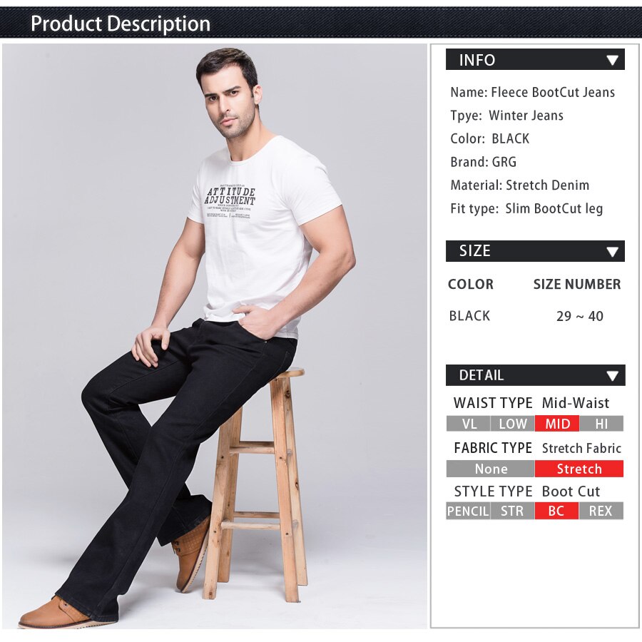 GRG Mens Winter Boot Cut Jeans Thicken Warm Stretch Denim Black Jeans Slim Slightly Flare Pants Polar Fleece Jeans
