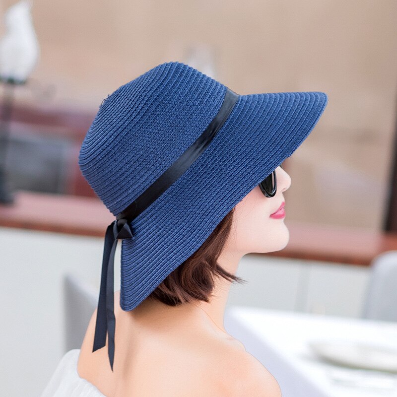 women's straw hat wide brim sun hat ladies solid black ribbon bow floppy beach hat female packable summer hat: B1