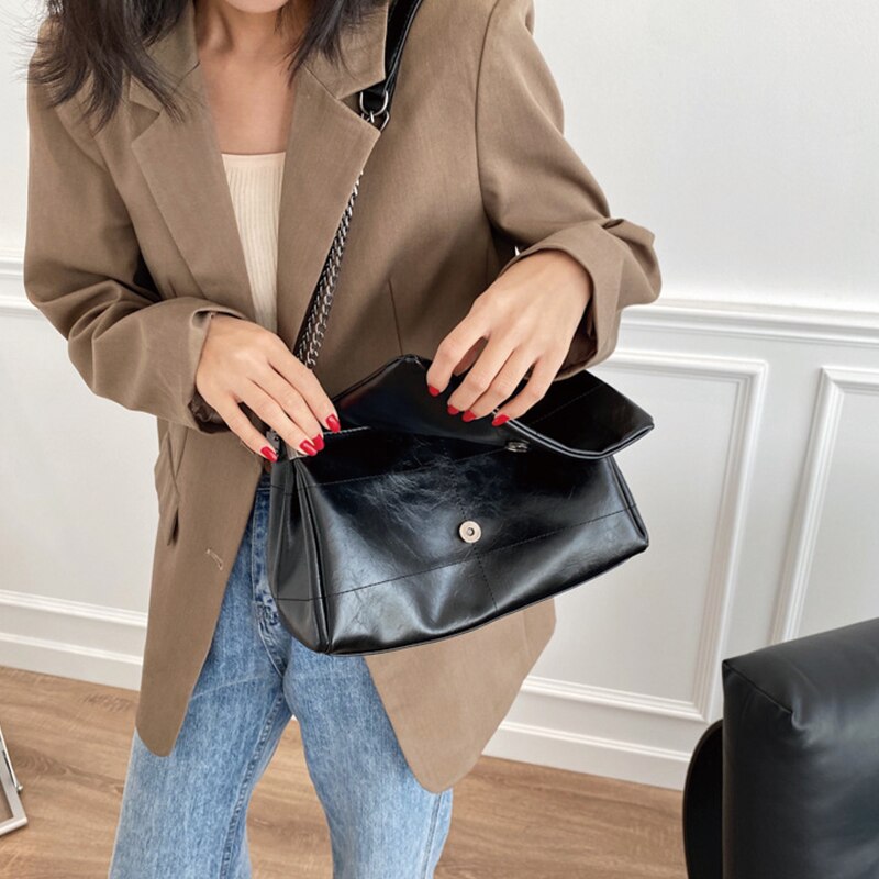 Sacs à main Vintage en cuir souple pour femmes, sacoche à épaule avec chaîne, couleur unie, pochette à rabat souple,