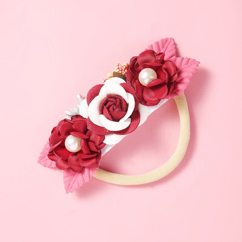 Balleenshiny Children's Headdress Baby Headband Handmade Pearl Stitching Flower Hair Band Seamless Elastic Rubber Hairband: 7