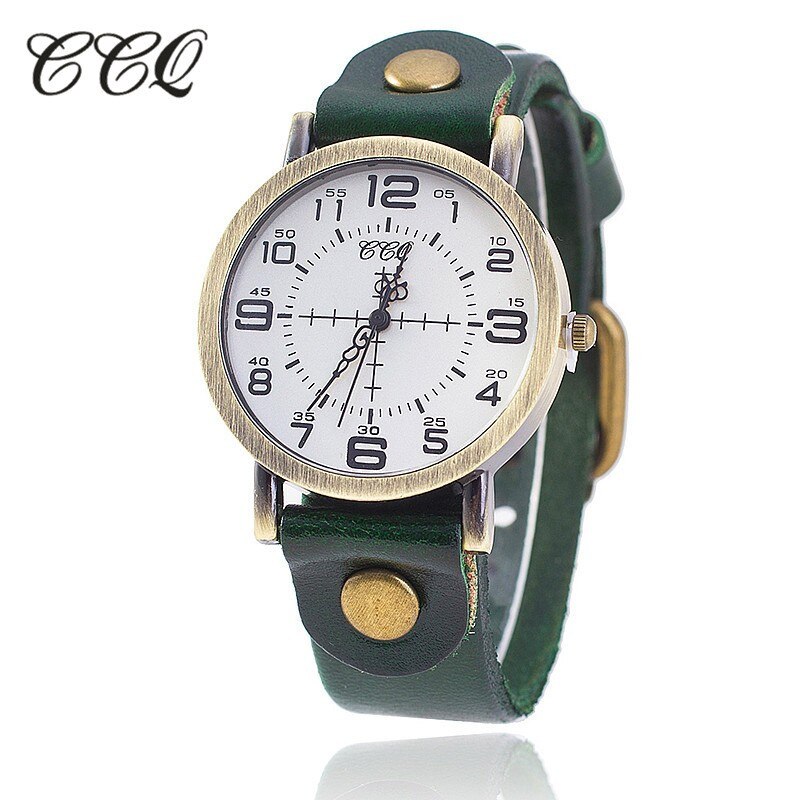 Ccq vintage ko læder armbåndsur kvinder armbåndsure afslappet luksus kvarts ur relogio feminino: Grøn