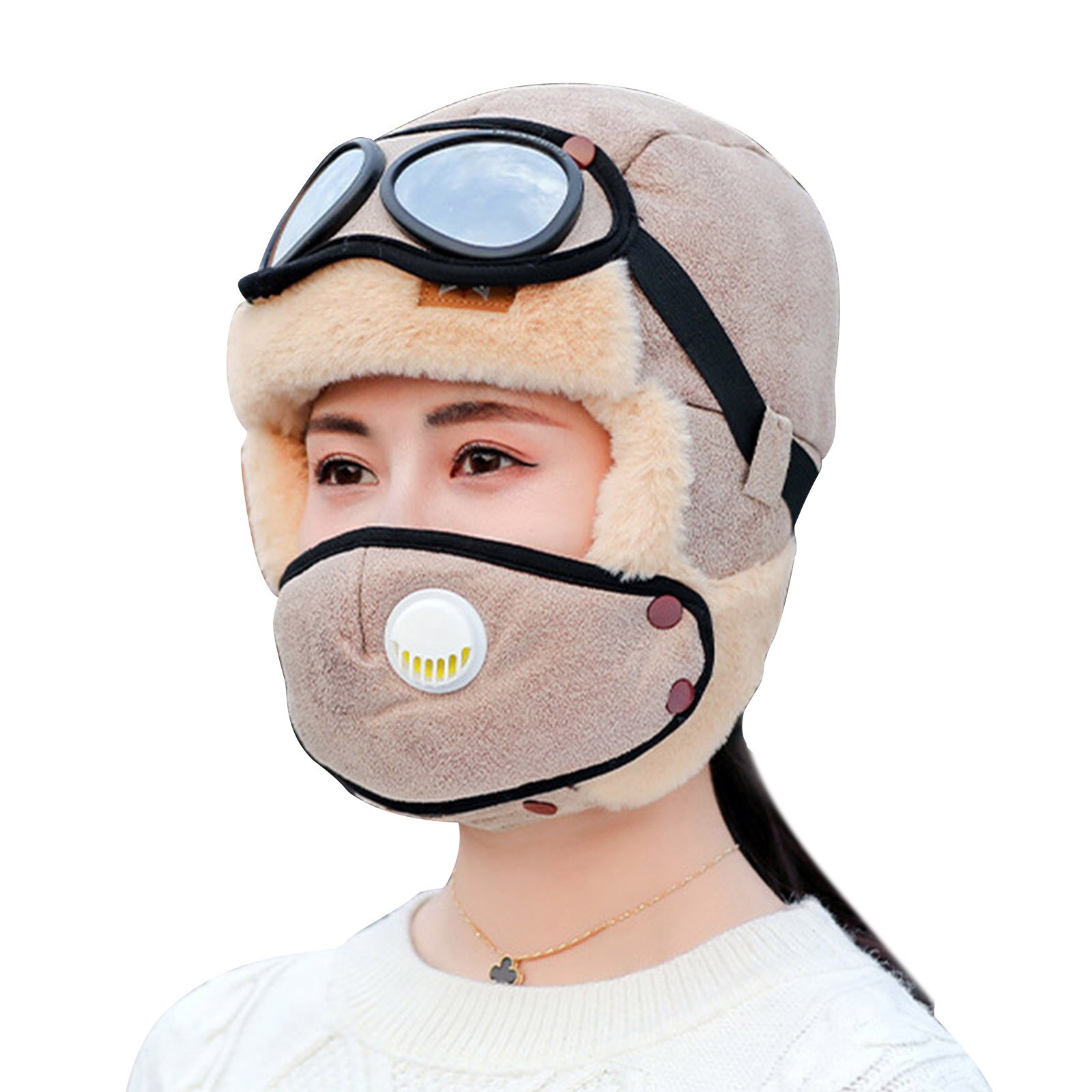Cycling Windproof Outdoor Hat with Ear Flap and Breathing Valves Face Cover Goggles Warm Plush Full Head Hat PR: light coffee