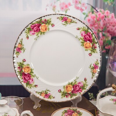 screw thread plate relief bone china plate rose tableware set dessert plate cake plate: 10.5INCH