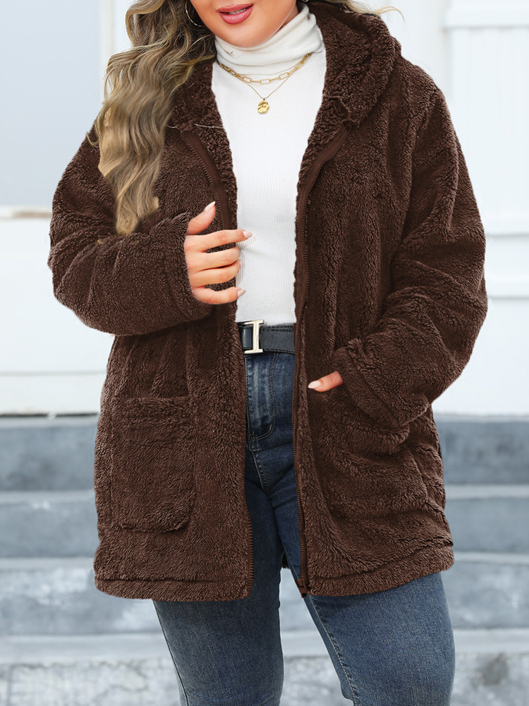 Gibsie plus size efterår vinter hættetrøje plys fleece teddyjakke kvinder lommer afslappet solid lynlås imiteret pelsjakke varmt overtøj: 4xl / Brun