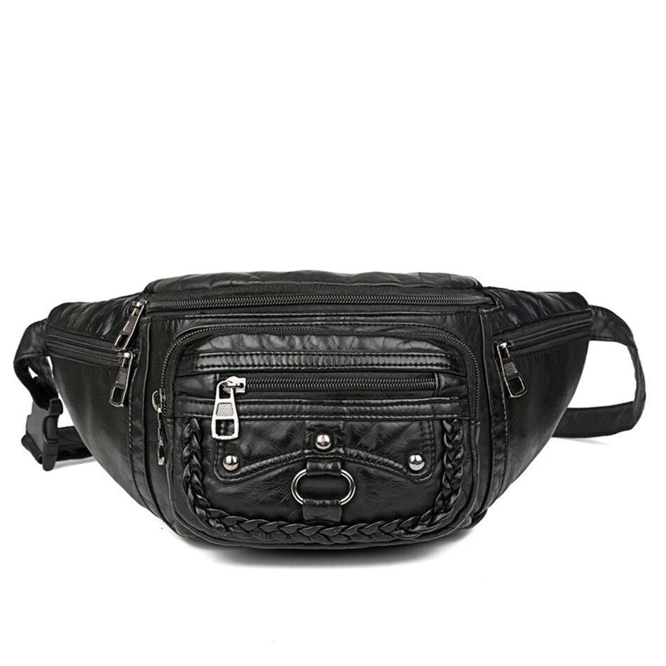 Pochete feminina de couro pu, bolsa de cintura com rebites, com bolsos, feminina, de marca: Black