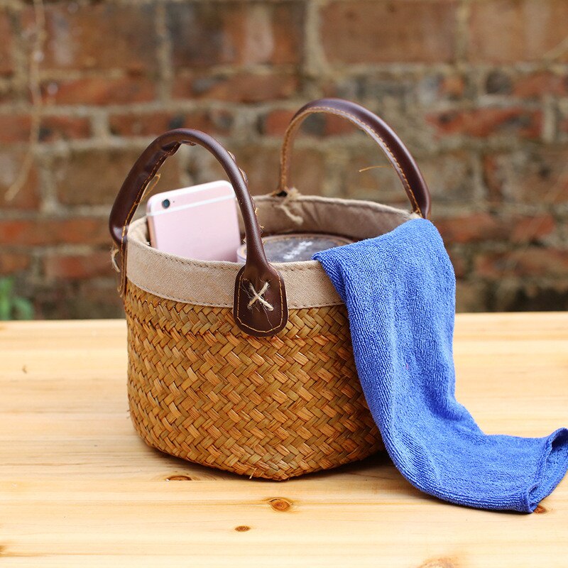 Cesta de mimbre hecha a mano con asa, Mini cesta de almacenamiento, cesta tejida Vintage para algas, maceta, jarrón, contenedor para artículos varios