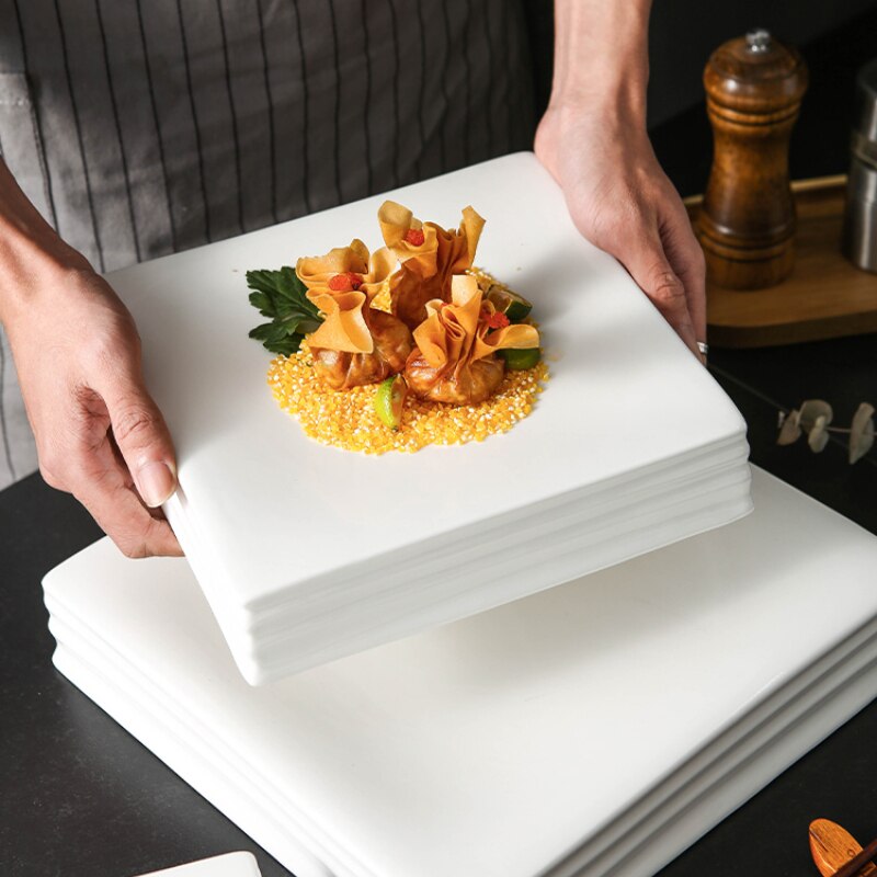 Pure White Square Cake Snack Ceramic Plate Horizontal Stripe Square Column Hotel Steak Plate Restaurant Special Tableware Plate