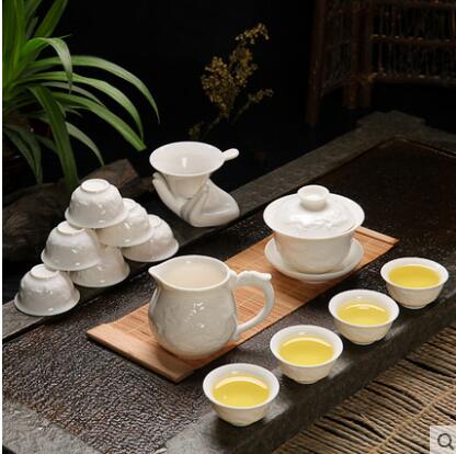 Bone China Ceramic Kung Fu Tea Set Relief Dragon Porcelain 14pcs of Tea Suit with Gaiwan Tea Cups W $