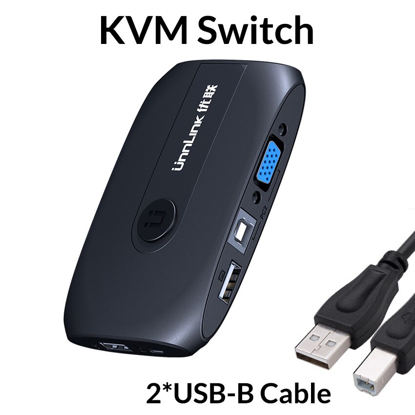 Unnlink-Selector de caja de interruptor KVM VGA 2X1, con extensor, 2 puertos, USB 2,0, compartir Monitor, teclado de ratón para 2 ordenadores Portátiles y PC: with USB-B Cable