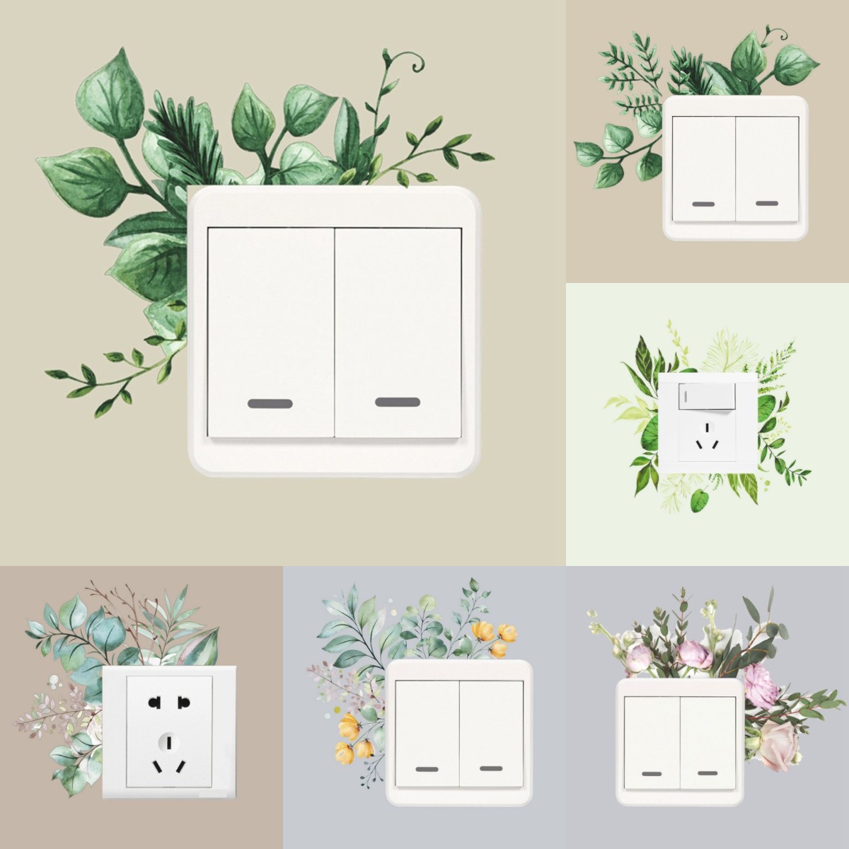 Pegatinas creativas de PVC para interruptor de pared, interruptores de enchufes de luz, rosas, margaritas, peonías, flores, hojas, plantas verdes, decoración del hogar,