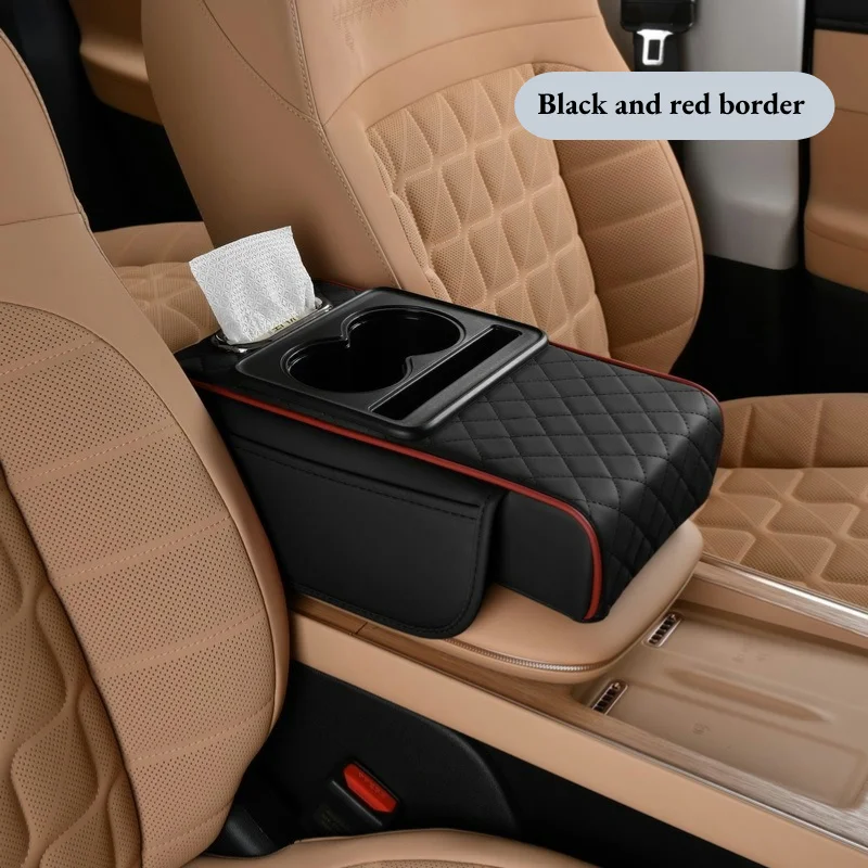Auto Armsteun Middenconsole Kussen Dikker Armsteun Box Pad Zijverlenging Kussen met Bekerhouder Tissue Box Organizer Bag: Black
