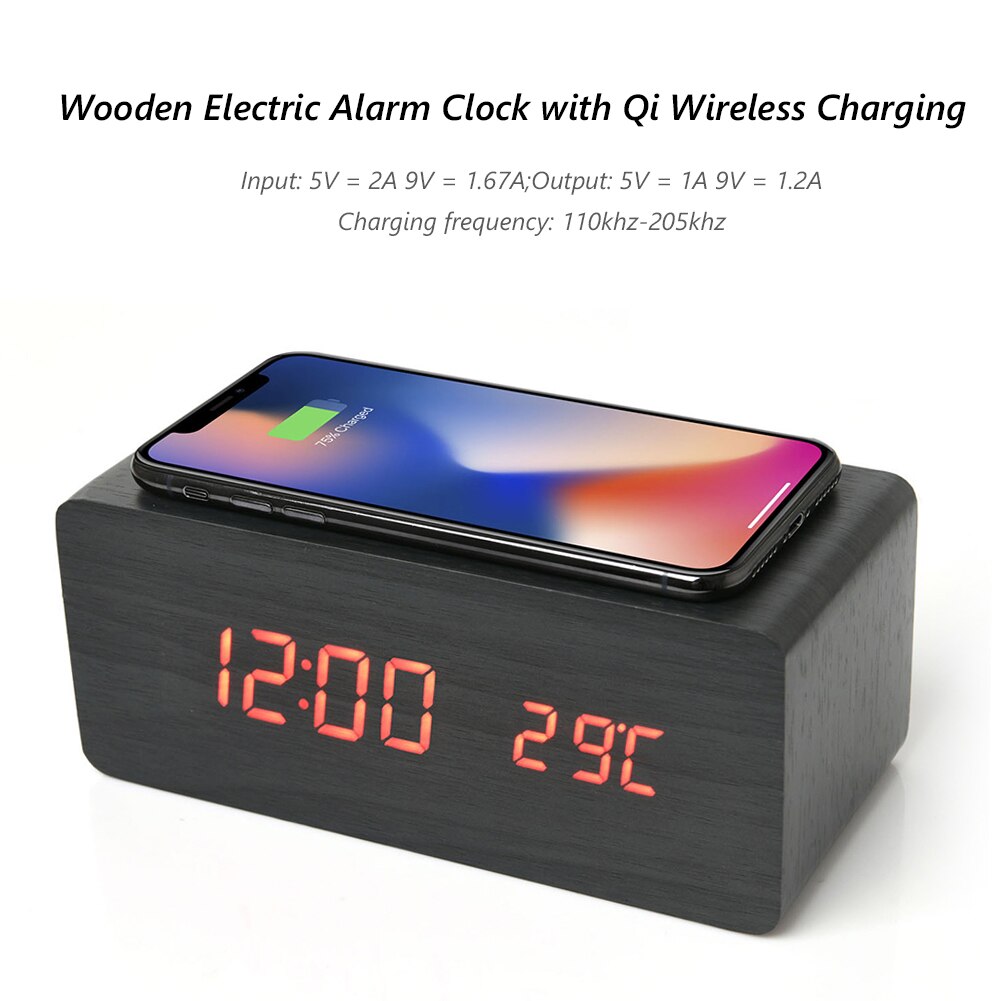 Wooden Alarm Clock with Wireless Charging Pad LED Digital Sound Control Phone Charge Multifunction Snooze Desk Clock