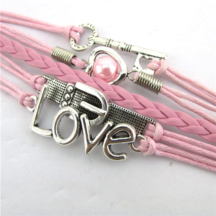 Bracelets pour femme pulseira masculina accessoires charme infini coeur perle amour clé cuir alliage bracelet à breloques rose