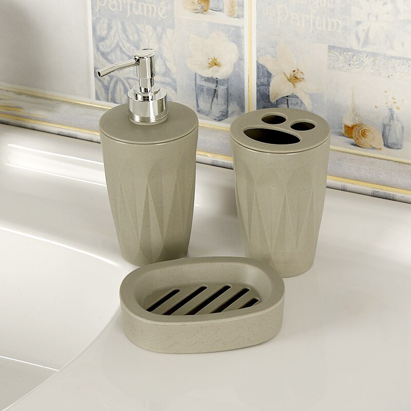 3 stk / sæt badeværelsestilbehør hvedehalm bpa fri sæbeopvask dispenser tandbørsteholder vaskerumdragt: Grå