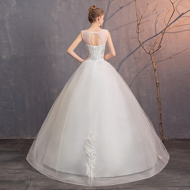 White Lace Wedding Dresses Ball Gown Lace Up O-Neck Sleeveless Appliques Tulle Simple Bride Wedding Gowns Vestido De Noiva