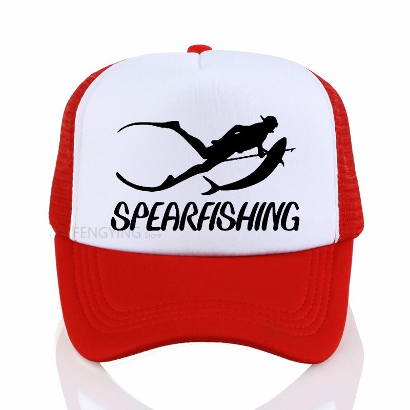 Spearfishing print baseball cap afslappet bomuld hip-hop mesh cap sommer sport trucker hat: Hvid rød