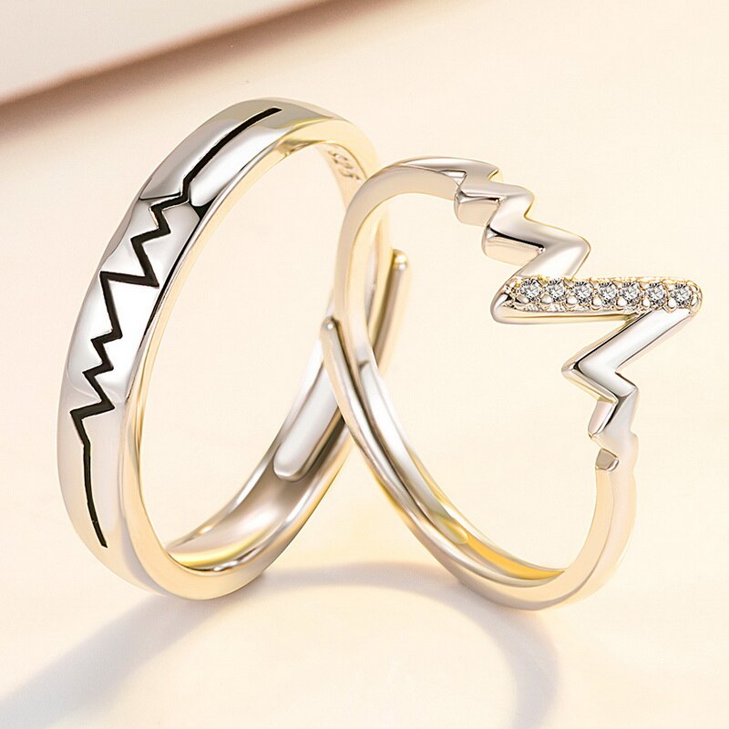 1 Pc Trendy Ecg Manchet Opening Ring Voor Vrouwen Lover Heart Wings Zirkoon Paar Vinger Sieraden Verstelbare Bridal Girl