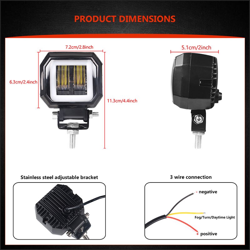 Luz led de trabajo redonda y cuadrada, barra de luces antiniebla de Ojos de Ángel de 3 pulgadas, 12V y 24V, focos para coche, motocicleta, camión todoterreno