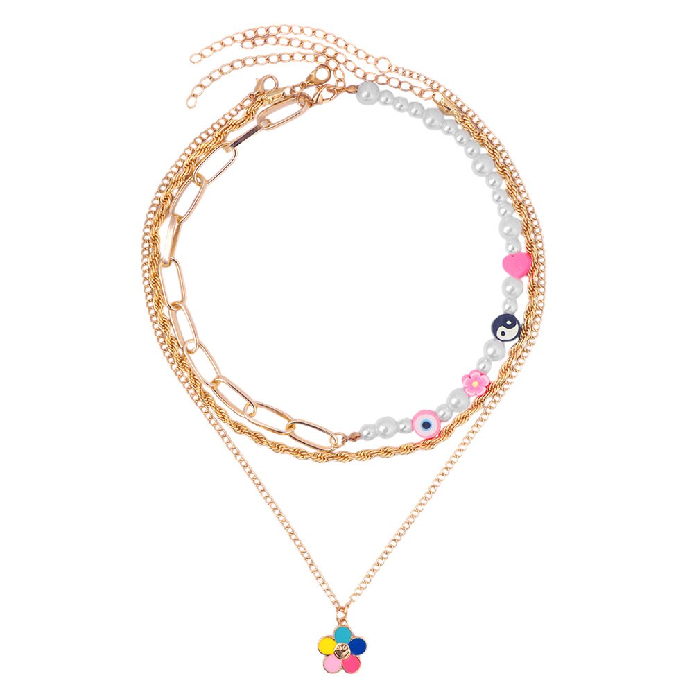 Trendy Animal Pearl Beaded Choker Necklace For Women Glazed Heart Flower Golden Multilayer Chain Necklace Summer Strand Jewelry: 085501GD