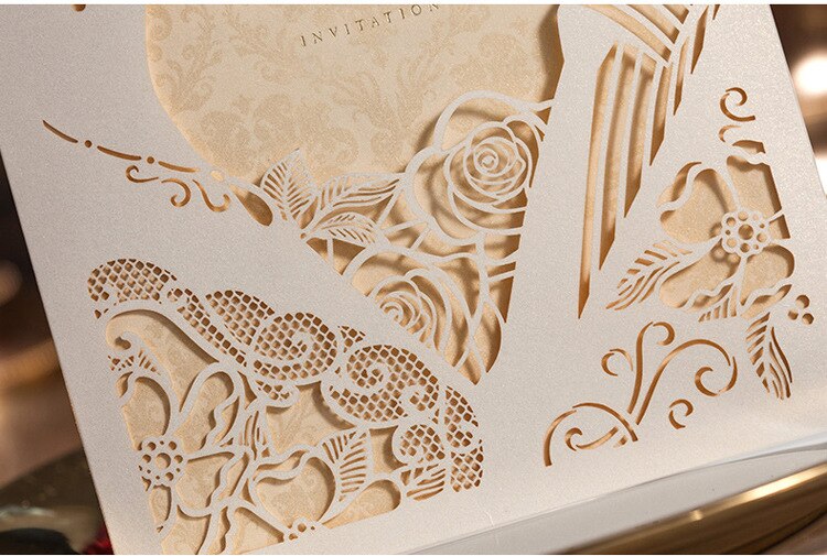 CW010, Classic Red Hollow Flowers Wedding Invitations Cards