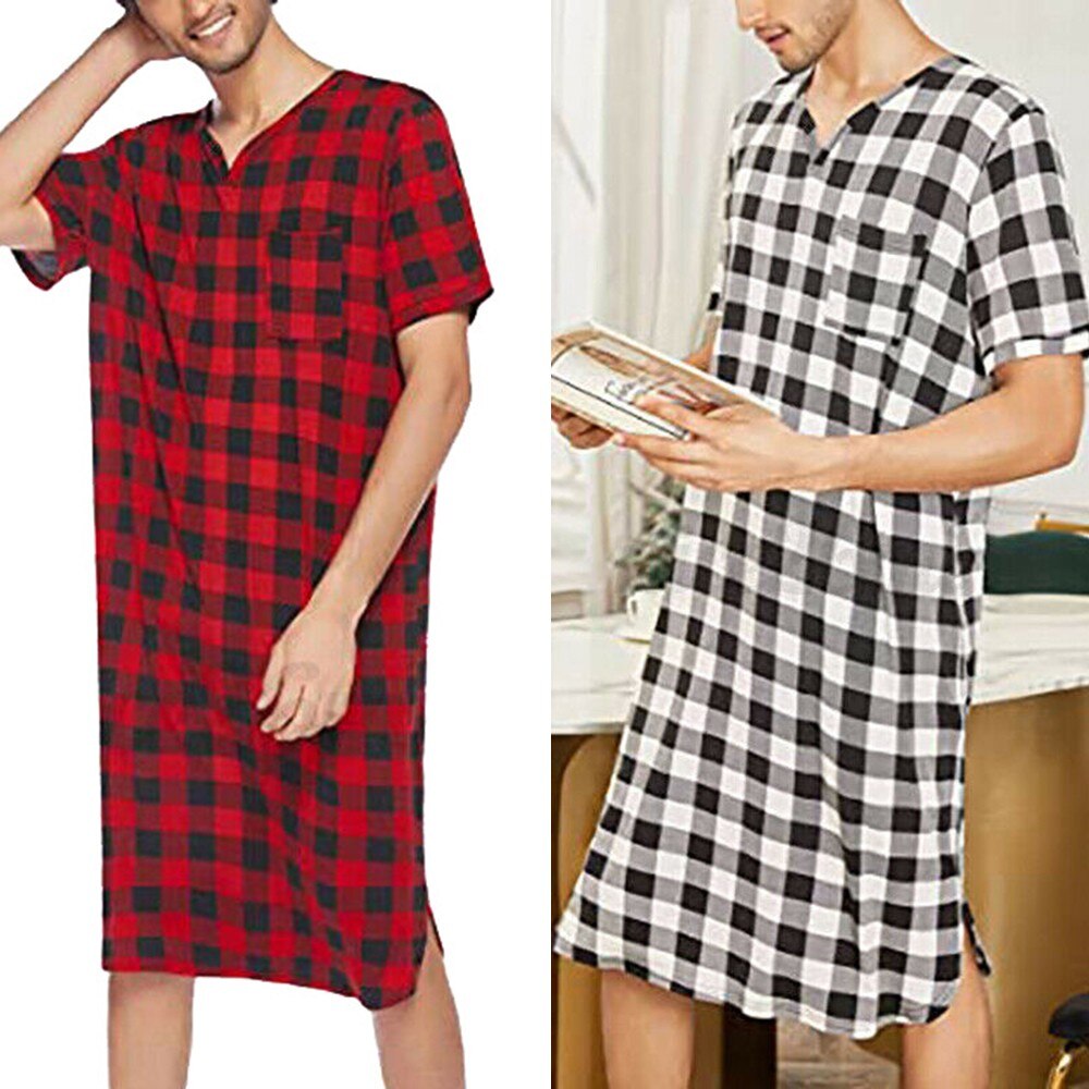 Men Robes Loose Plaid Pajamas Short Sleeve V-neck Casual Soft Bathrobe Nightwear Summer Clothes Breathable Male