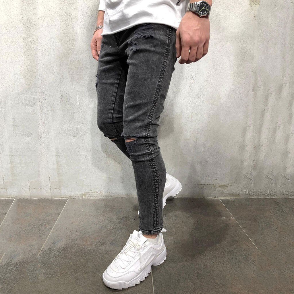 Mens Cool Brand Black Jeans Skinny Ripped Destroyed Stretch Slim Fit Hop Hop Pants With Holes For Men #g3