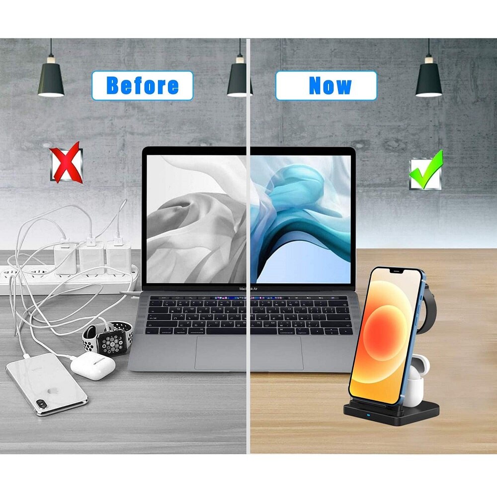3-in-1 Wireless Charger Dock 15W Fast Charge for iPhone 12 11 XS XR X 8 Apple Watch Airpods Pro