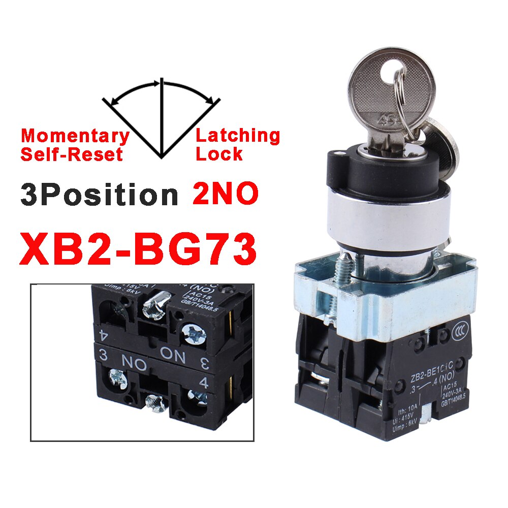 XB2-BG21/25/33/41/45/65/73 1NO/1NO1NC/2NO 2/3 position key operated selector push button switch Latching/Locking Momentary/Reset: XB2-BG73