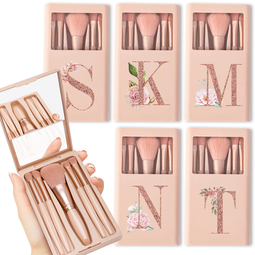 Kit de brochas cosméticas con espejo y estuche, caja plegable, juego de brochas de maquillaje, herramienta de belleza portátil, patrón de letras de oro rosa, 5 uds.