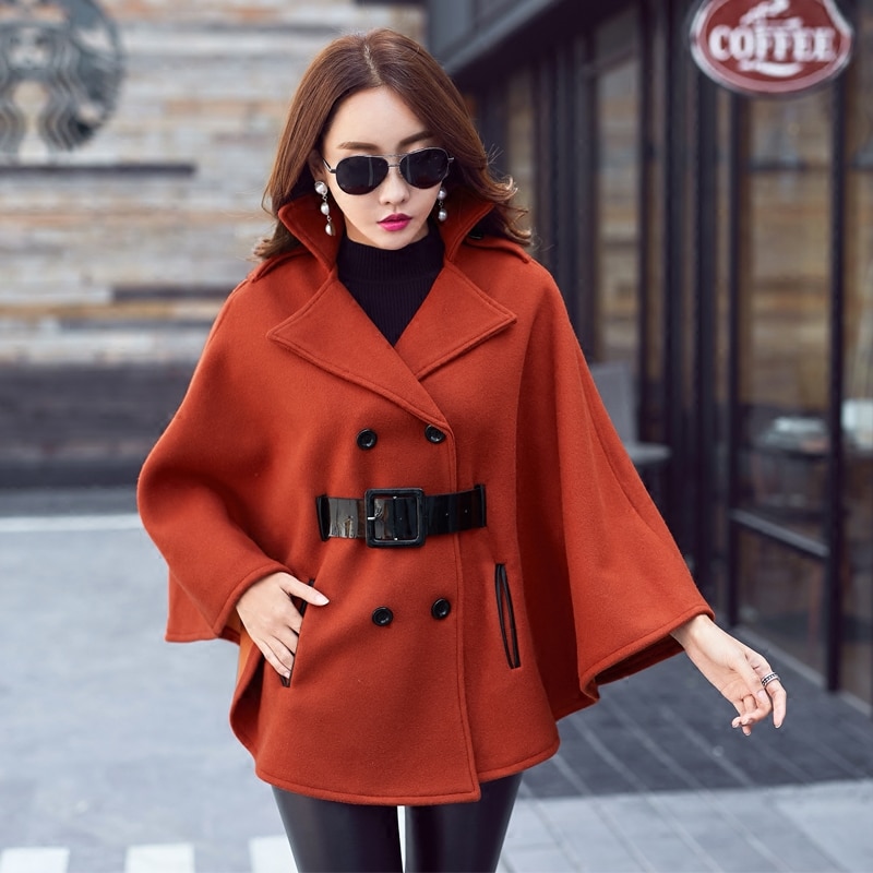 Fall Winter Woolen Shawl Cape Poncho Coat With belt Women Korean Long Sleeve Plus Size Ladies Woolen Cape Coats