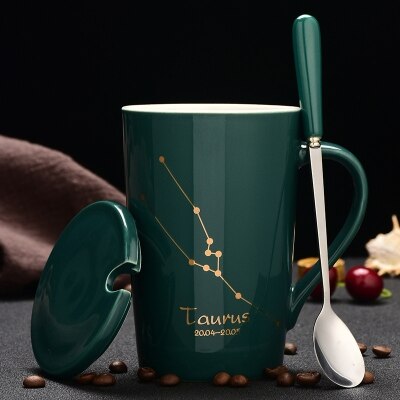 Ceramic Coffee Mugs Green Color Glazed Handgrip Tea Cups with Lids and Spoon