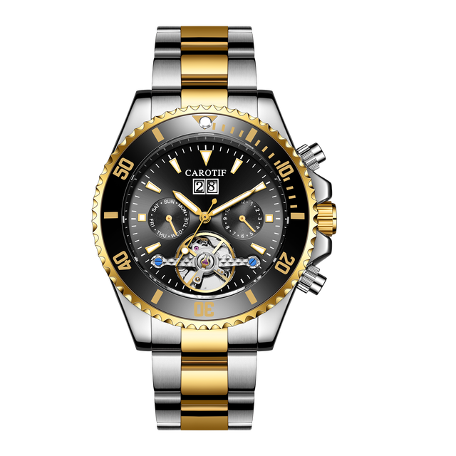 Carotif Mannen Uur Business Mechanische Waterdichte Automatische Horloge Skeleton Mode Kalender Week Dispaly Man Horloges: luxury gold