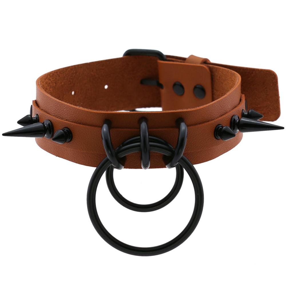 KMVEXO Punk Gothic Schwarz Besetzte Niet Spike Leder Halsband Halsketten Frauen Harajaku O-Runde Anhänger Kragen Männer Schmuck Halskette: P011 Brown