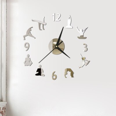 Horloge murale de Yoga effet miroir, grand format, en acrylique, autocollant, méditation, Art Zen, décoration de la maison, salon: Argent