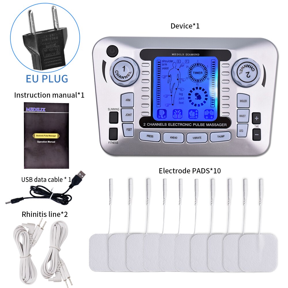 Tens EMS Muscle Stimulator 12Modes Electric Pulse Massager Digital Therapy Machine Massager Pain Relief Tool Health Care Machine: Type 1 EU Plug