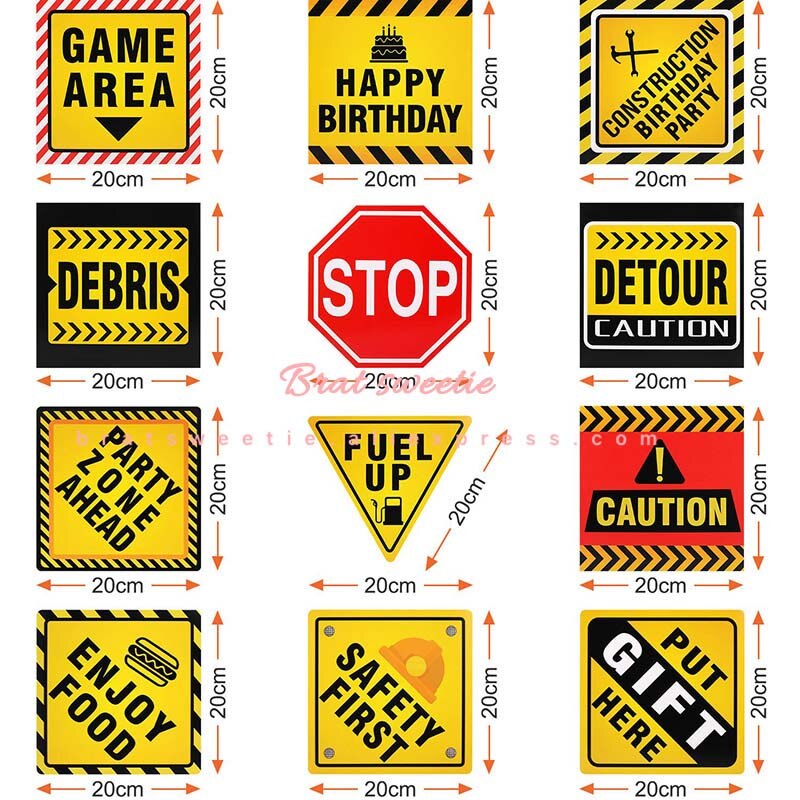 12 unids/set construcción papel de señal señales de tráfico tonto camión chicos tema adornos de feliz cumpleaños niños suministros