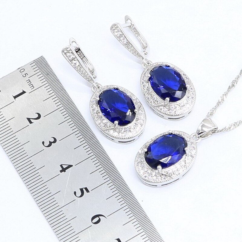 Silver färg bröllop smycken set för kvinnor blå halvädelst armband örhängen halsband hänge ringar box
