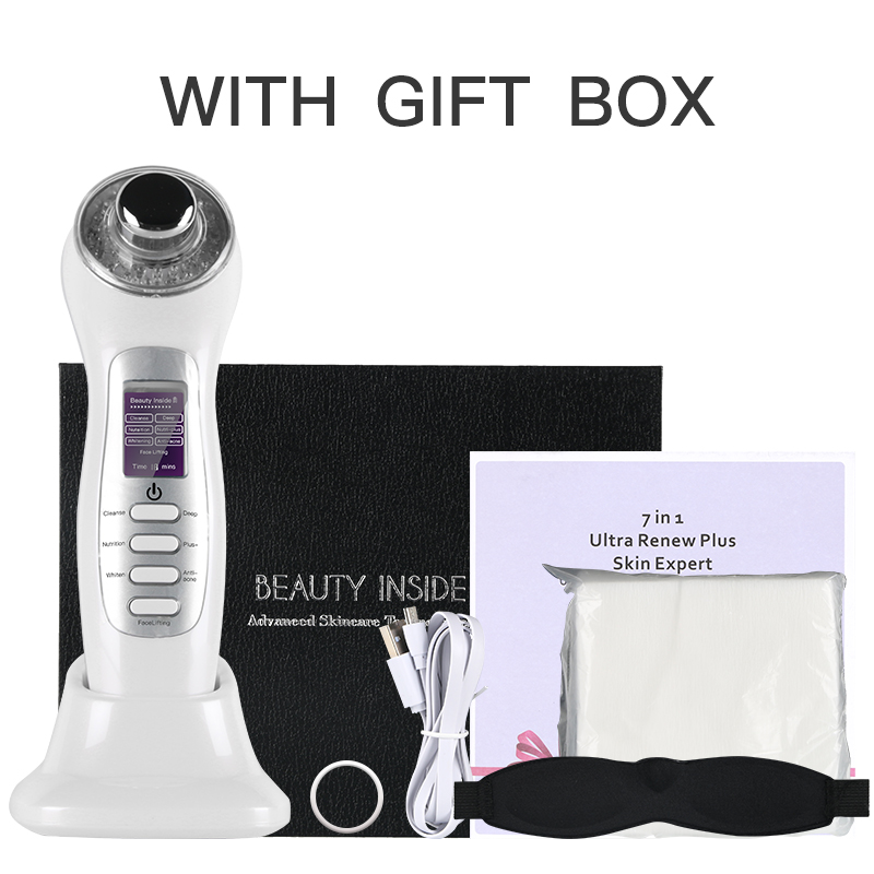 7 en 1 peau soins du visage ultrasons 3MHz galvanique LED bleu rouge lumière Photon Micro-courant ascenseur peau serrant la Machine de beauté: White with box