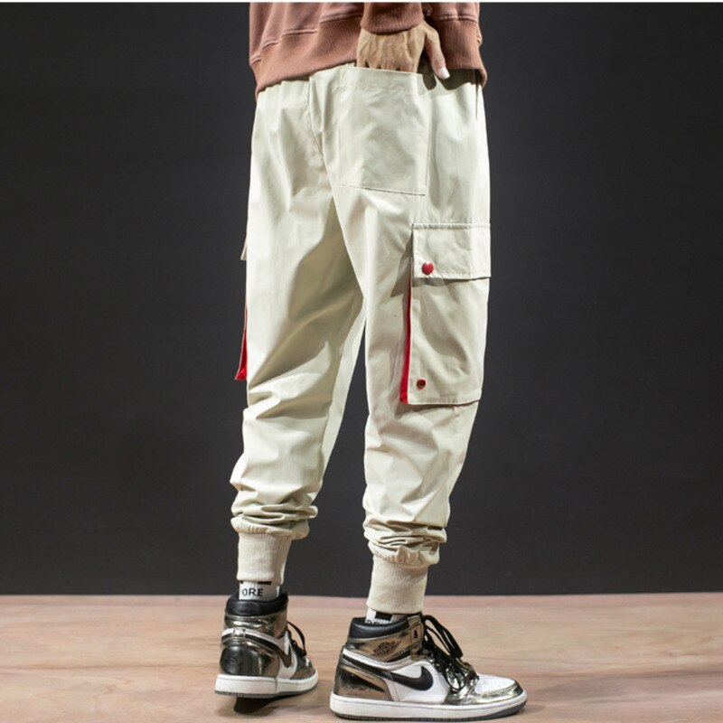 #2342 sorte khaki lilla cargo bukser herre bomuld hip hop bukser streetwear pencil harem bukser med store sidelommer elastisk talje