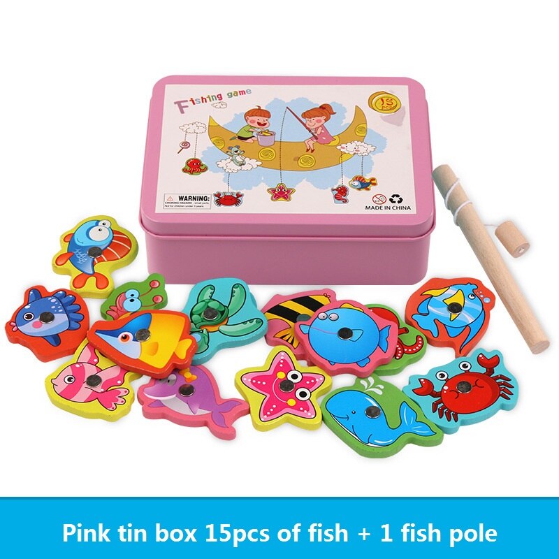 Juego de pesca magnético con caja de lata, bloques de madera, interacción entre padres e hijos, juego de inteligencia para Educación Temprana,: Pink set