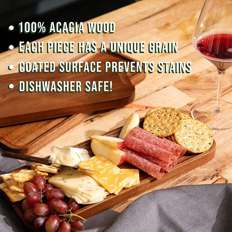 Solid Wood Dinner Plate Rectangular Wooden Dinner Plate with Raised Lips for Finger Food Appetizer Cheese Board