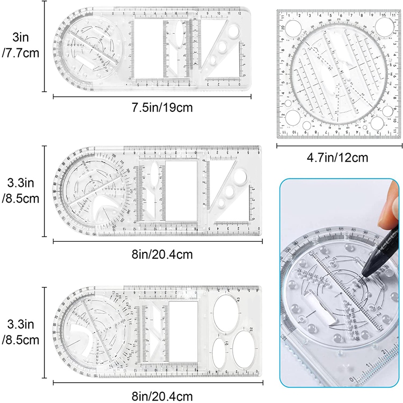 4Pcs Multifunctional Geometric Drawing Ruler Rotation Angle Round Complex Pattern Template Measuring Draft Rulers
