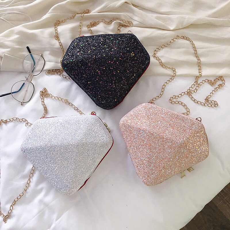 Luxe Diamant Vorm Crossbody Tas Voor Sequin Chain Vrouwen Schoudertas Pvc Mode Dames Avond Messenger Bags
