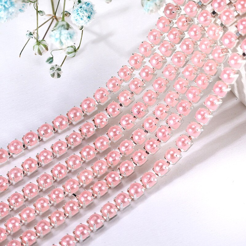 2Mm Crystal Pearl Rhinestone Chain Silver Base Cup Parel Ketting Voor Naaien Diy Kledingstuk Accessoires Trim: 2mm-5 yard / Pink