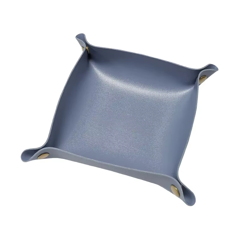 Caja de almacenamiento de cuero nórdico, bandeja de almacenamiento de escritorio, joyería, cesta de almacenamiento de llaves y cosméticos, estuche de almacenamiento plegable, organizador de mesa: Azul